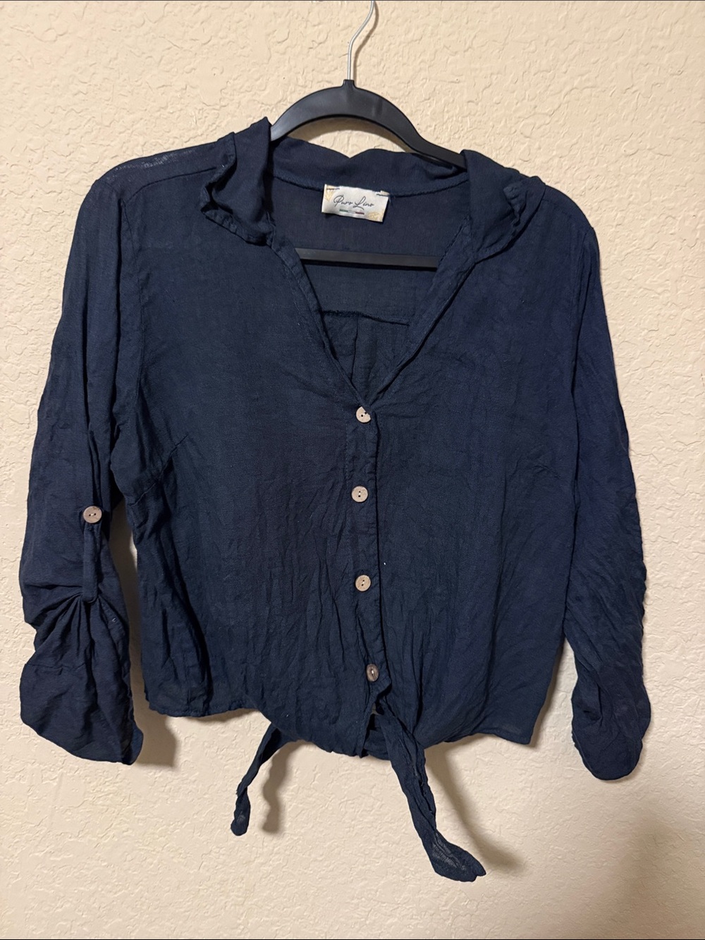 Puro Lino  Navy Button-Front Tie-Hem Women's Shirt